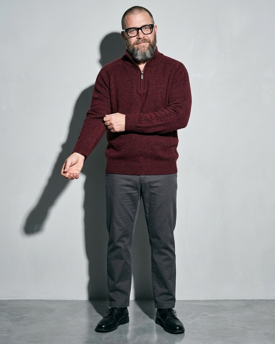 Zipper High Neck Thickened Woolen Sweater, sleeve held away, worn by model