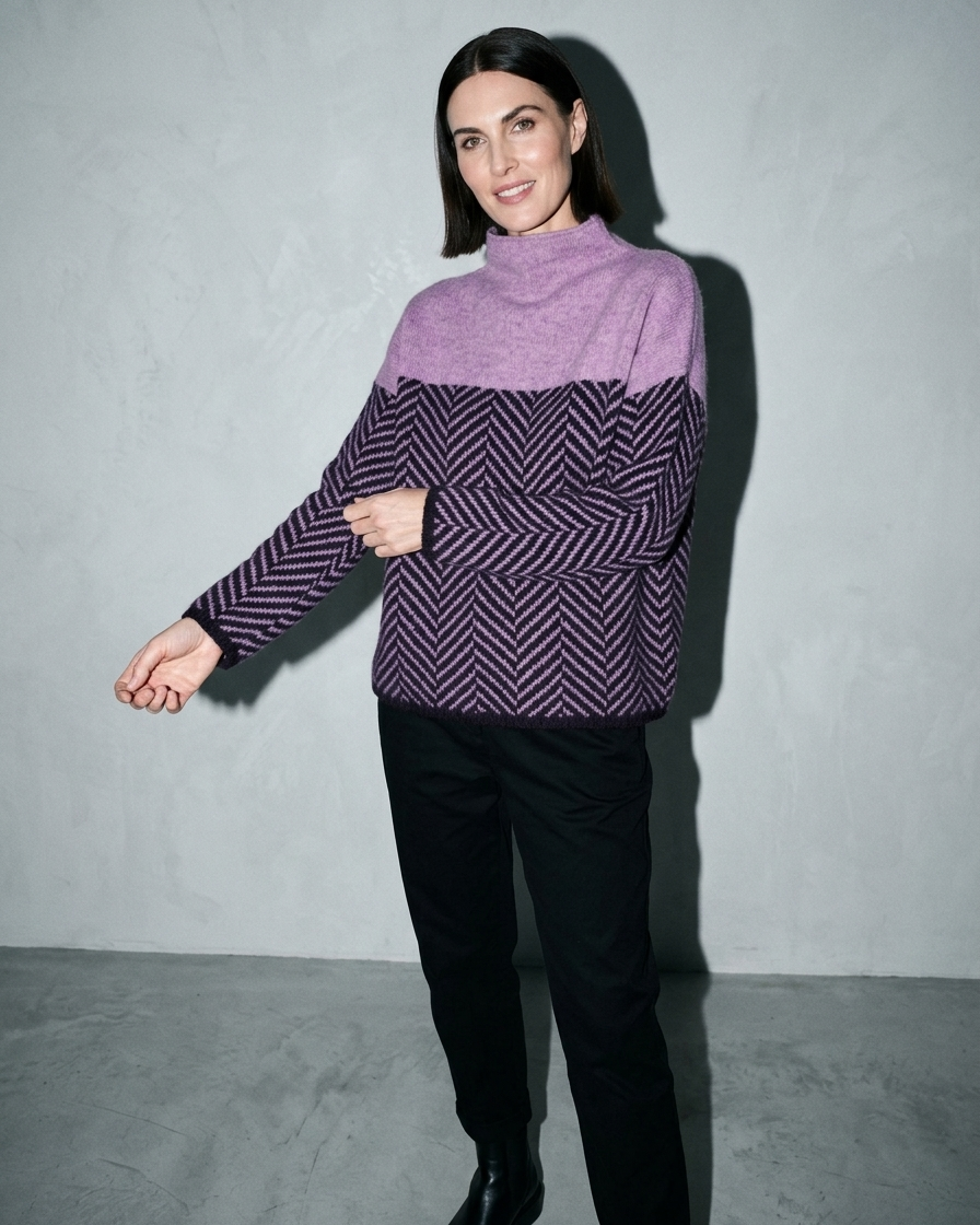Women's Ribbed Turtleneck Knit Sweater, sleeve held away, worn by model