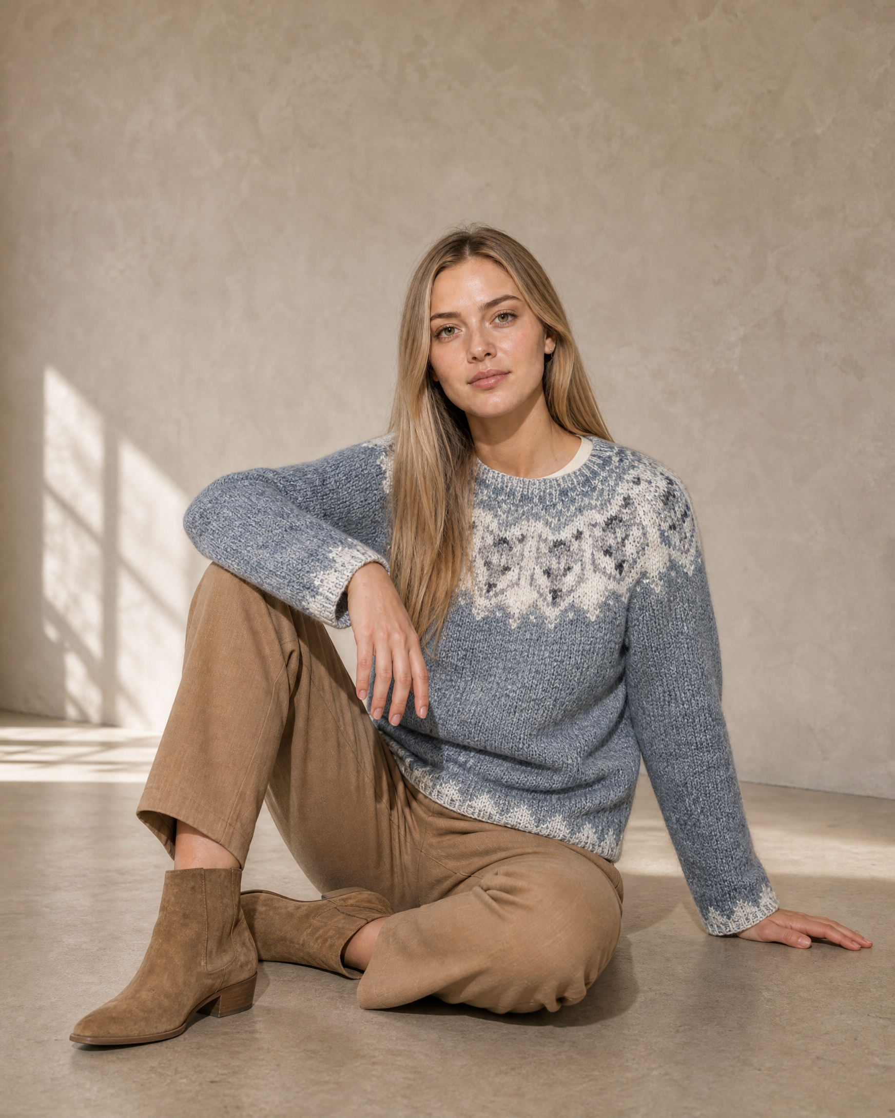 Women's Fashionable Pullover Sweater Top in Silver, floor, one knee up, arm draped, worn by model