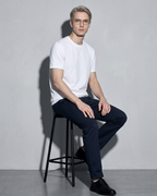Men's Lightweight Solid Crewneck T-Shirt, stool, side sit with hands on knee, worn by model