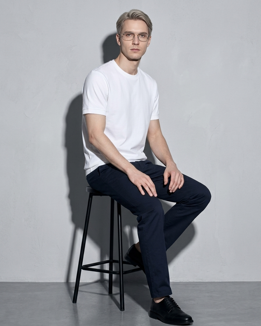 Men's Lightweight Solid Crewneck T-Shirt, stool, side sit with hands on knee, worn by model