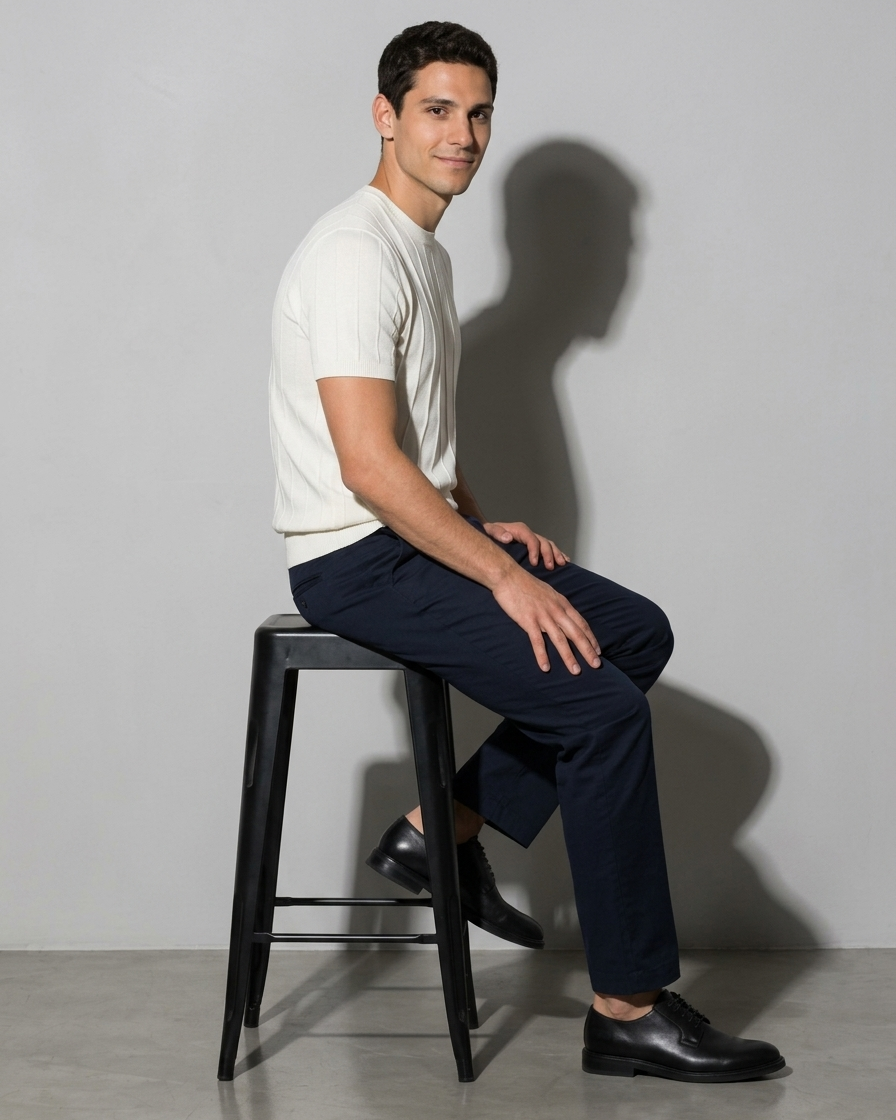 Men's Lightweight Solid Crewneck T-Shirt, stool, turned profile, worn by model