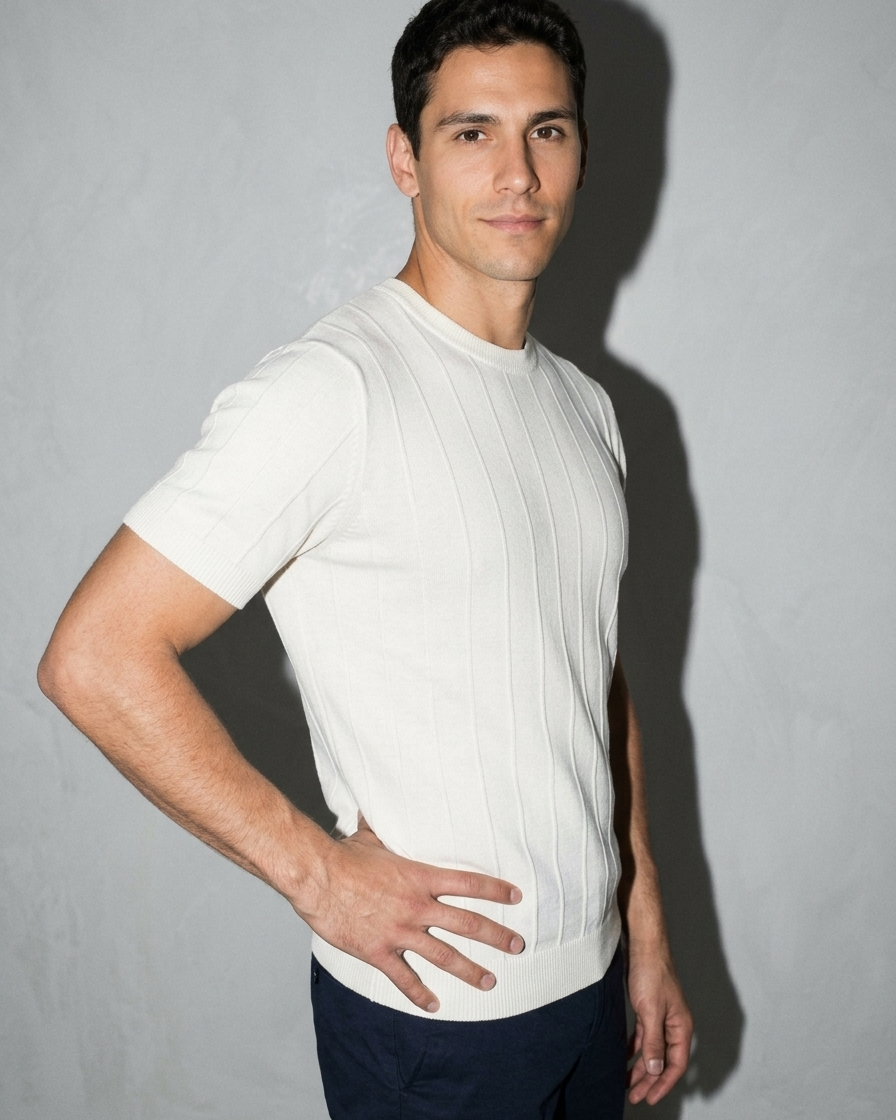 Men's Lightweight Solid Crewneck T-Shirt, hem and side seam detail, worn by model