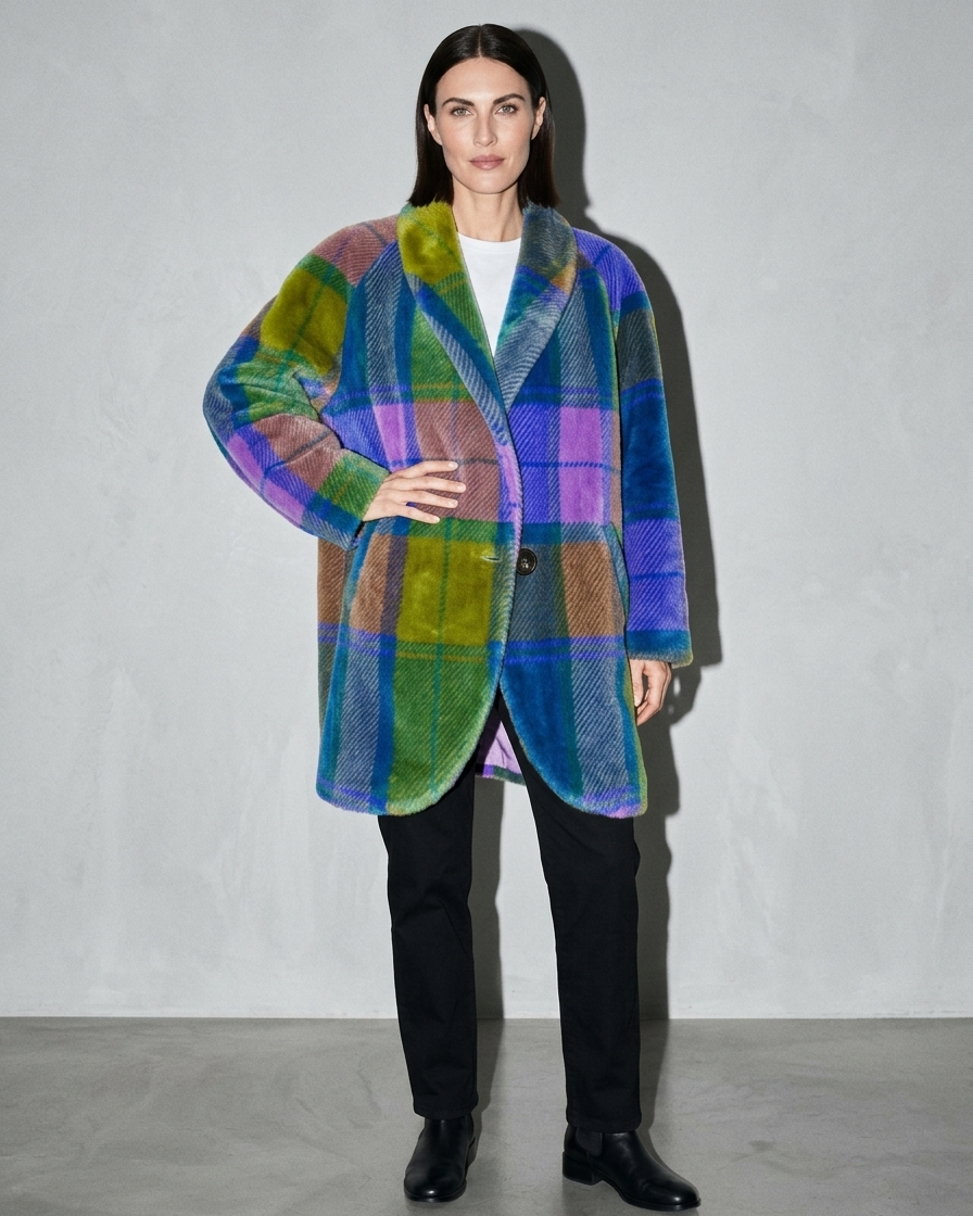 Women's Rainbow Plaid Button Coat with Pockets, hem and side seam detail, worn by model