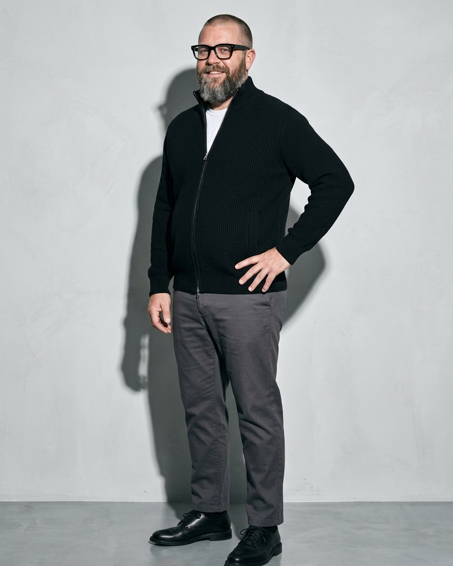 Men's Retro Zip-Front Knit Cardigan, hem and side seam detail, worn by model