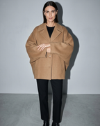 Women's Batwing-Sleeve Lapel Coat, forearm and cuff turn, worn by model