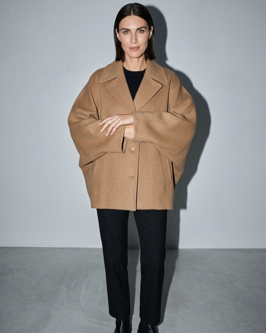 Women's Batwing-Sleeve Lapel Coat, forearm and cuff turn, worn by model