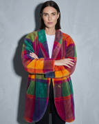 Women's Rainbow Plaid Button Coat with Pockets, forearm and cuff turn, worn by model