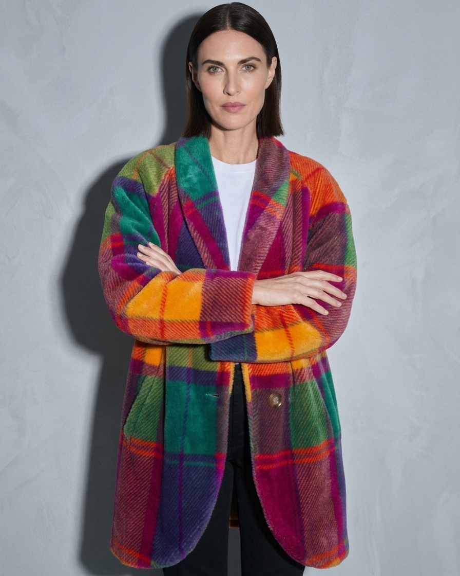 Women's Rainbow Plaid Button Coat with Pockets, forearm and cuff turn, worn by model