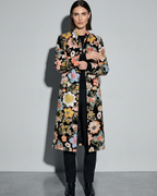 Women's Black Printed Velvet Long Coat, forearm and cuff turn, worn by model