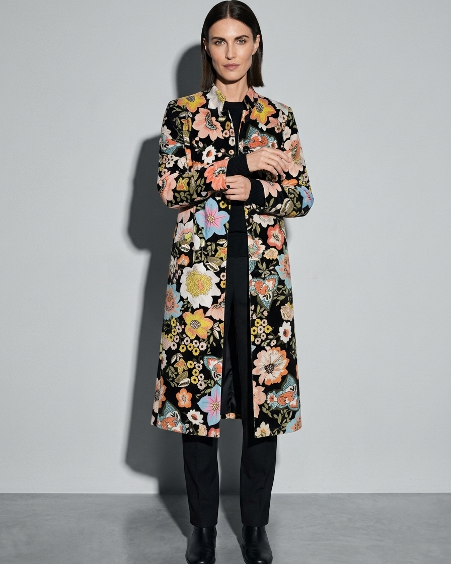 Women's Black Printed Velvet Long Coat, forearm and cuff turn, worn by model