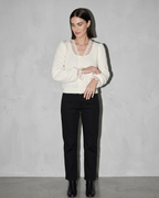 V-Neck Lace Crochet Button-Front Cardigan, forearm and cuff turn, worn by model