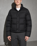 Coffee Color Cotton-padded Clothes Short Cotton Coat, bust-to-thigh, square stance, worn by model