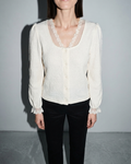 V-Neck Lace Crochet Button-Front Cardigan, bust-to-thigh, square stance, worn by model