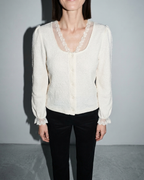 V-Neck Lace Crochet Button-Front Cardigan, bust-to-thigh, square stance, worn by model