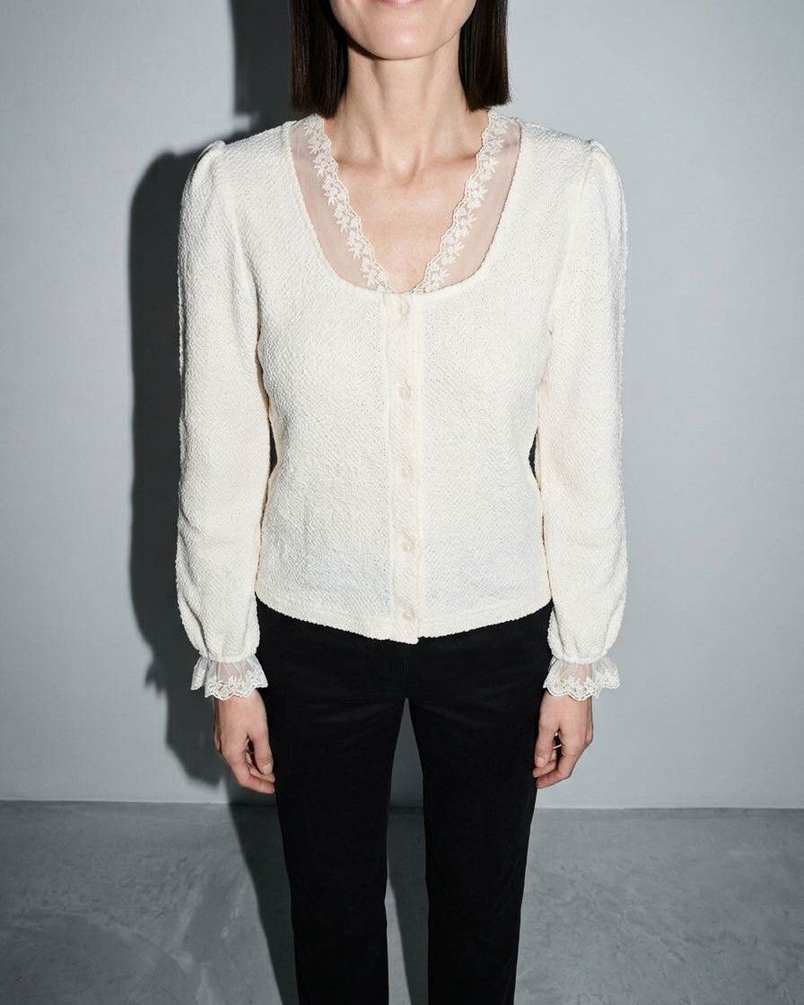 V-Neck Lace Crochet Button-Front Cardigan, bust-to-thigh, square stance, worn by model