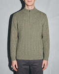 Men's Stand-Collar Cable-Knit Zip Sweater, bust-to-thigh, square stance, worn by model