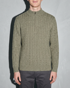 Men's Stand-Collar Cable-Knit Zip Sweater, bust-to-thigh, square stance, worn by model