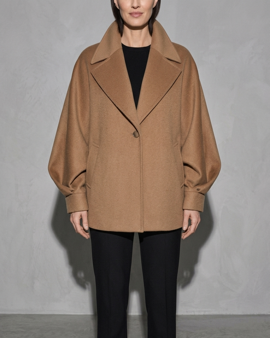 Women's Batwing-Sleeve Lapel Coat, bust-to-thigh, square stance, worn by model