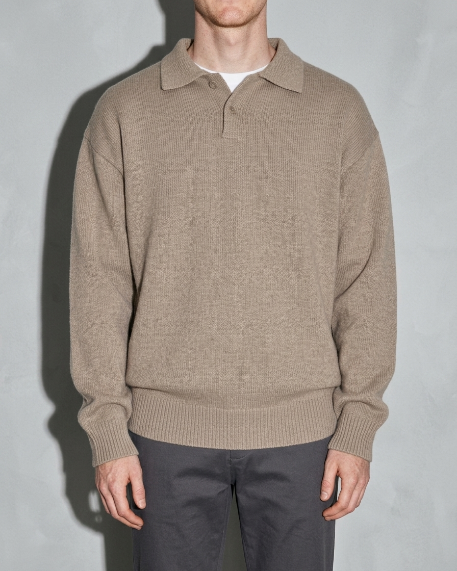 Men's Ribbed-Hem Lapel Knit Sweater, bust-to-thigh, square stance, worn by model