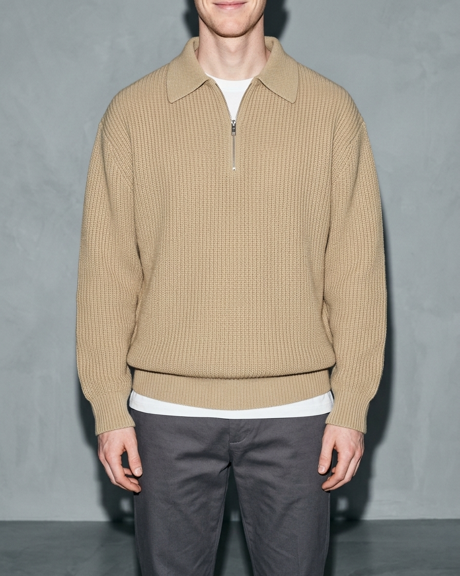 Men's Light Business Lapel Knit Sweater, bust-to-thigh, square stance, worn by model