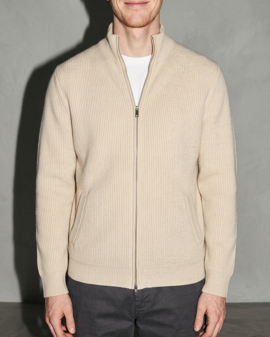Men's Retro Zip-Front Knit Cardigan, bust-to-thigh, square stance, worn by model