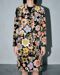 Women's Black Printed Velvet Long Coat, bust-to-thigh, square stance, worn by model