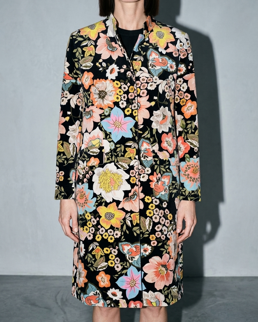 Women's Black Printed Velvet Long Coat, bust-to-thigh, square stance, worn by model