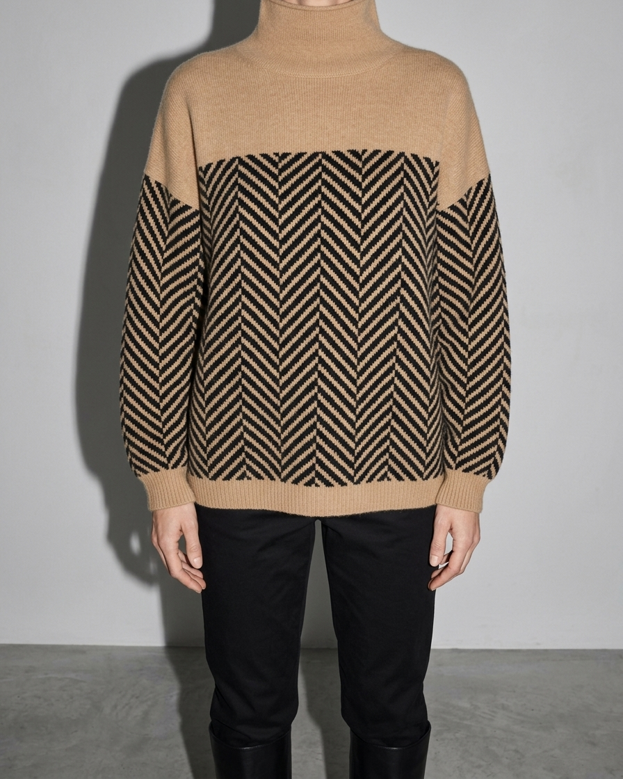 Women's Ribbed Turtleneck Knit Sweater, bust-to-thigh, square stance, worn by model