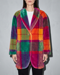 Women's Rainbow Plaid Button Coat with Pockets, bust-to-thigh, square stance, worn by model