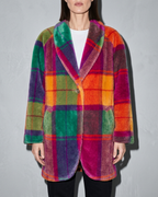 Women's Rainbow Plaid Button Coat with Pockets, bust-to-thigh, square stance, worn by model