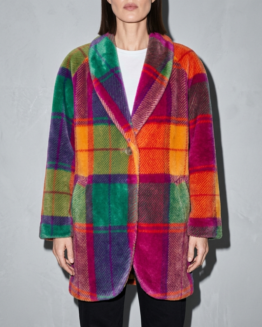 Women's Rainbow Plaid Button Coat with Pockets, bust-to-thigh, square stance, worn by model