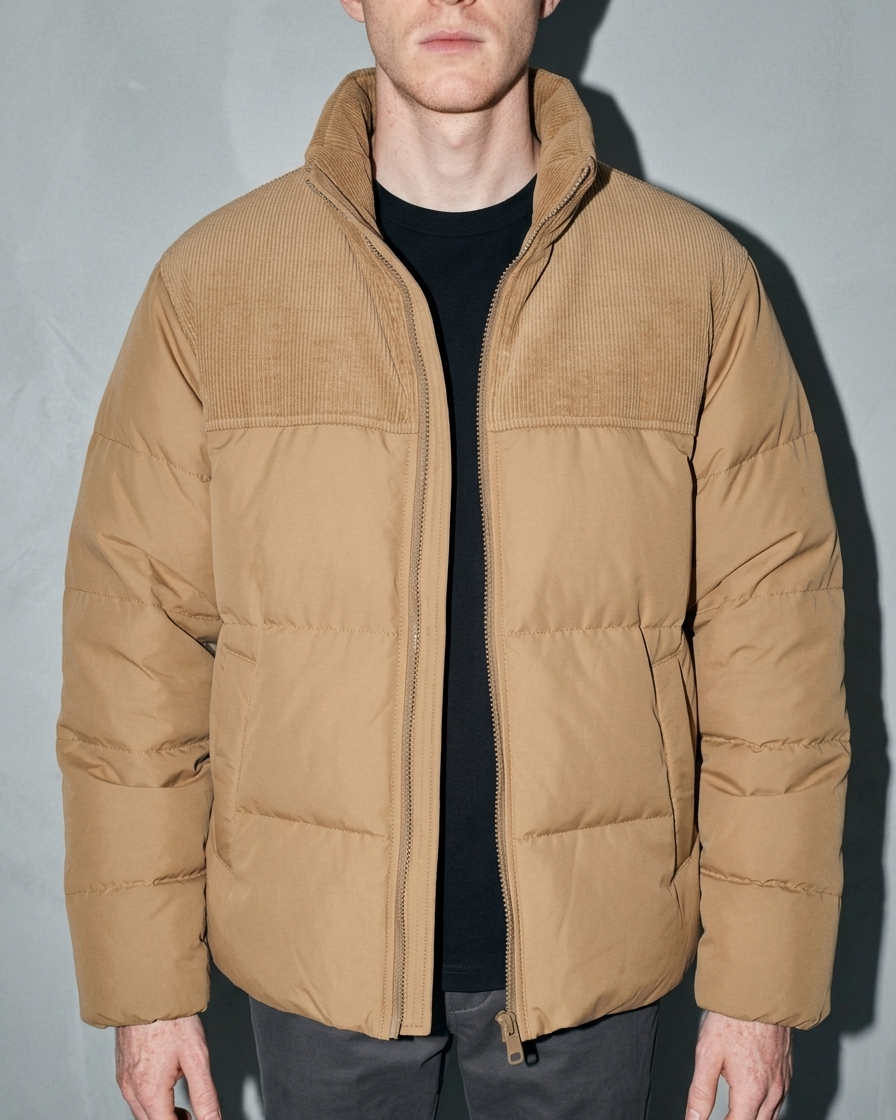 Duck Down Down Jacket Men's Winter American Outdoor, bust-to-thigh, square stance, worn by model
