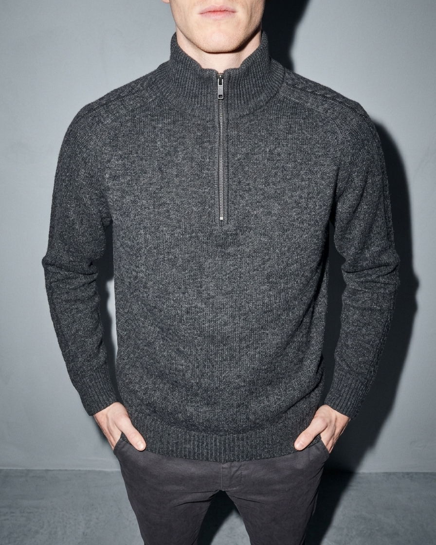 Zipper High Neck Thickened Woolen Sweater, bust-to-thigh, hands in pockets, worn by model