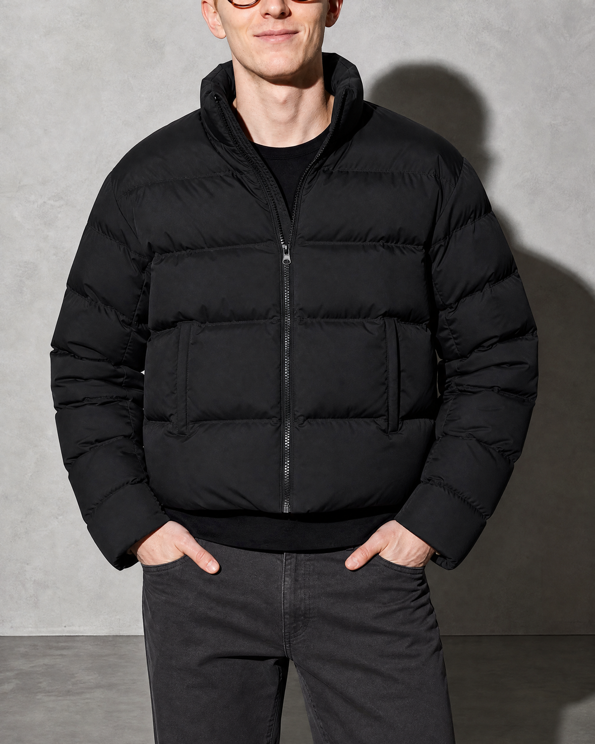 Solid Color Jacket For Men And Women, bust-to-thigh, hands in pockets, worn by model