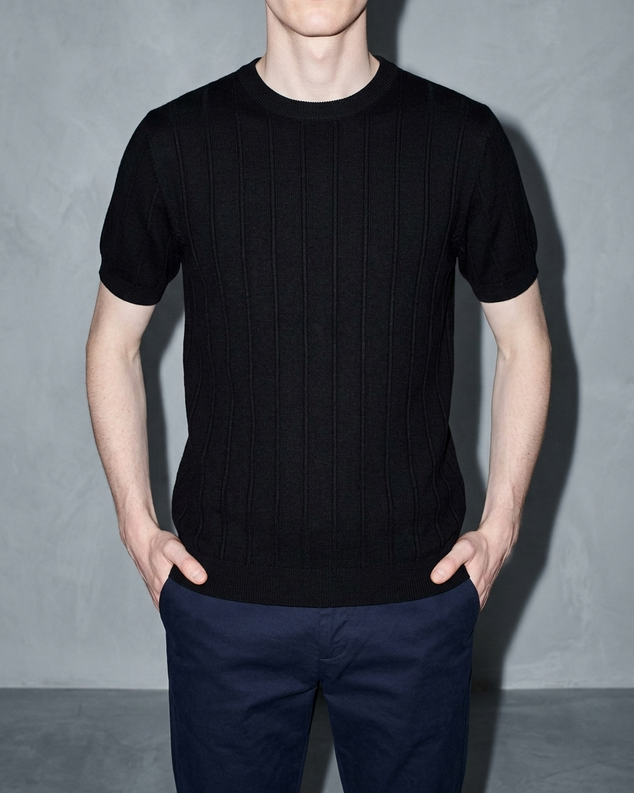 Men's Lightweight Solid Crewneck T-Shirt, bust-to-thigh, hands in pockets, worn by model