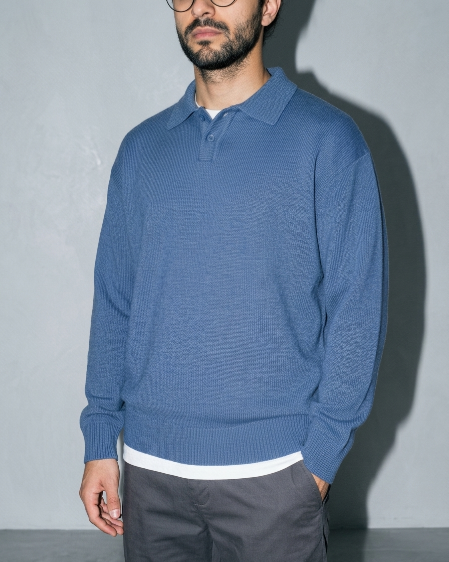 Men's Ribbed-Hem Lapel Knit Sweater, bust-to-thigh, quarter turn, worn by model