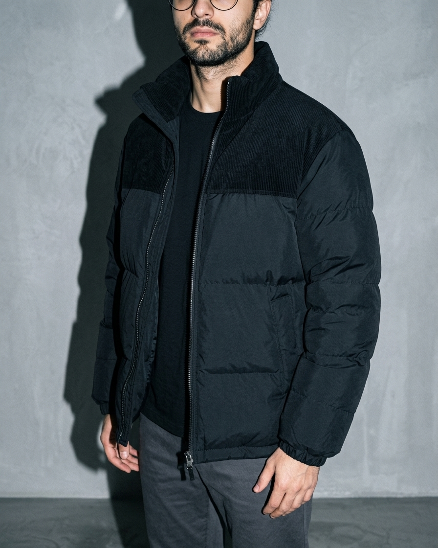 Duck Down Down Jacket Men's Winter American Outdoor, bust-to-thigh, quarter turn, worn by model