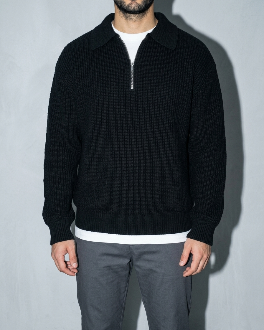 Men's Light Business Lapel Knit Sweater, bust-to-thigh, quarter turn, worn by model