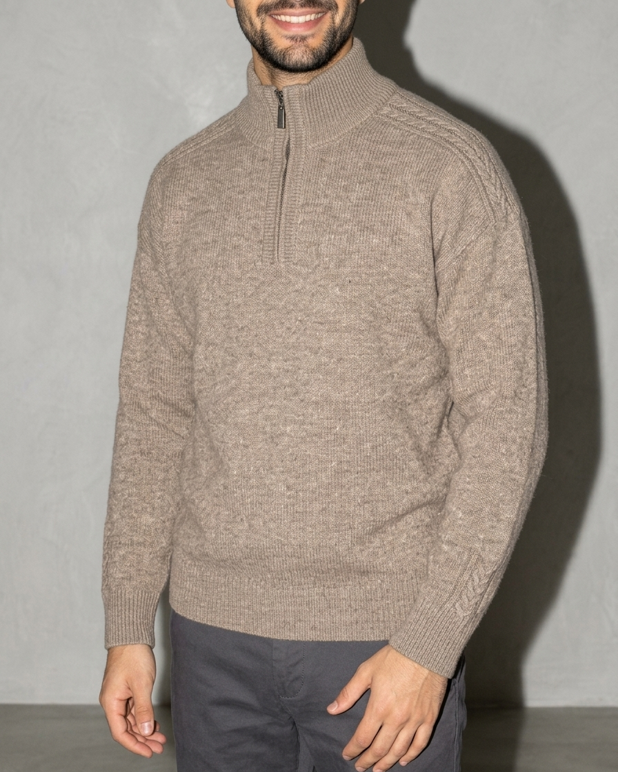 Zipper High Neck Thickened Woolen Sweater, bust-to-thigh, quarter turn, worn by model