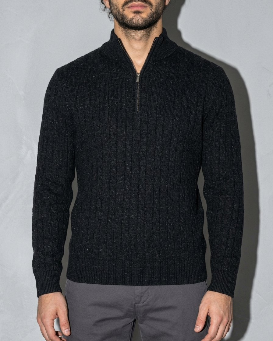 Men's Stand-Collar Cable-Knit Zip Sweater, bust-to-thigh, quarter turn, worn by model