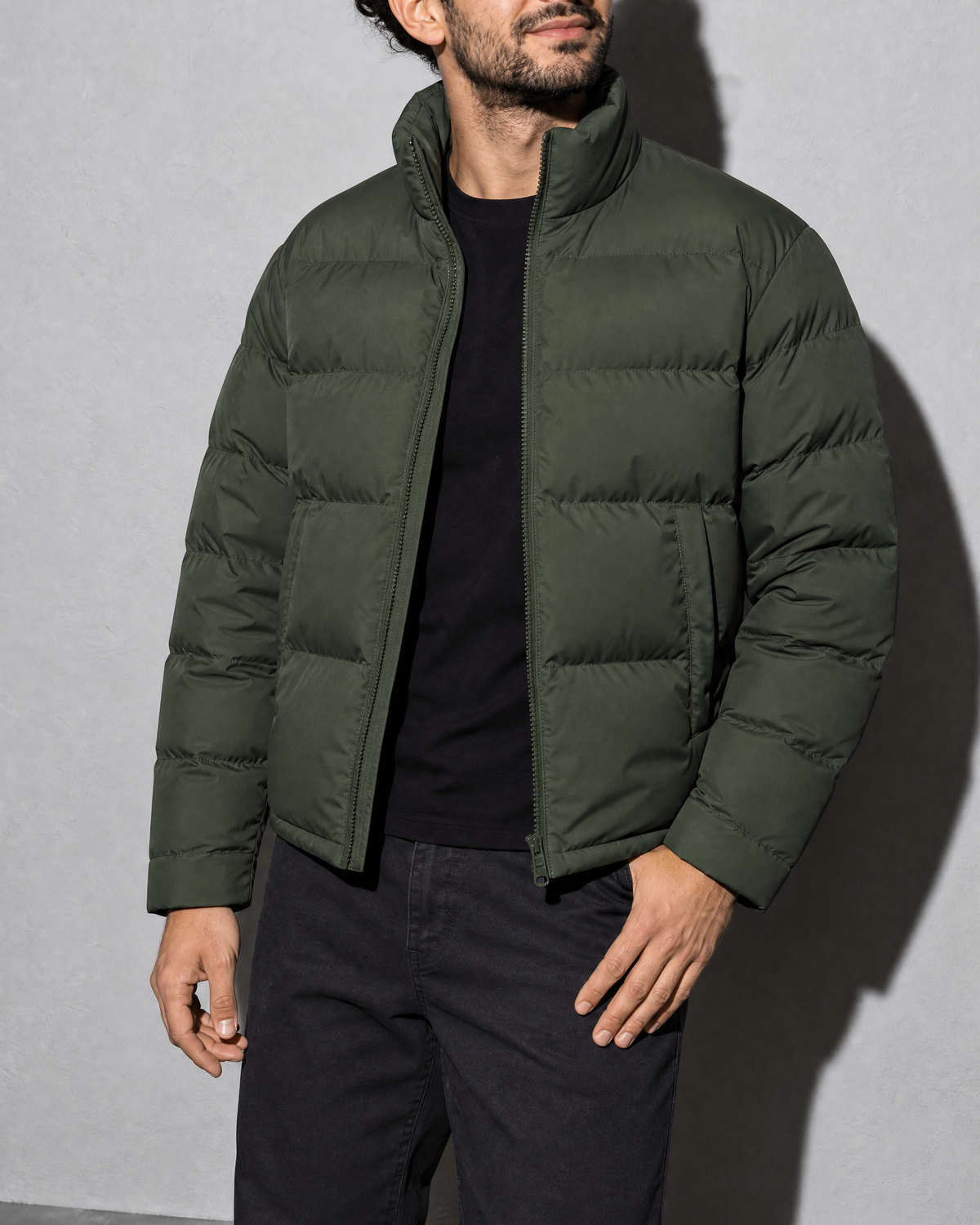 Solid Color Jacket For Men And Women, bust-to-thigh, quarter turn, worn by model