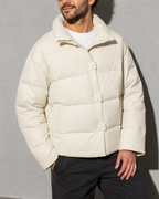 Coffee Color Cotton-padded Clothes Short Cotton Coat, bust-to-thigh, quarter turn, worn by model
