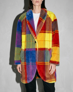 Women's Rainbow Plaid Button Coat with Pockets, bust-to-thigh, quarter turn, worn by model