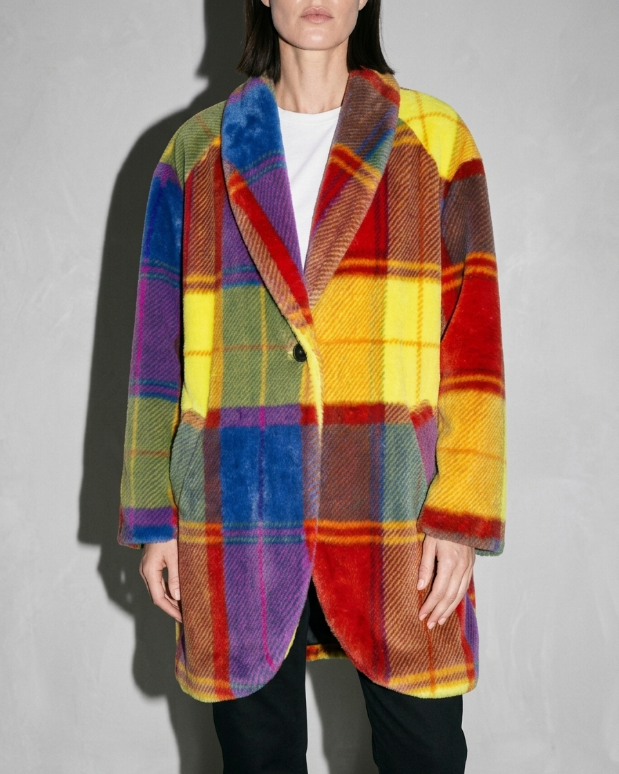 Women's Rainbow Plaid Button Coat with Pockets, bust-to-thigh, quarter turn, worn by model