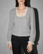 V-Neck Lace Crochet Button-Front Cardigan, bust-to-thigh, quarter turn, worn by model