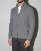 Men's Retro Zip-Front Knit Cardigan, bust-to-thigh, quarter turn, worn by model