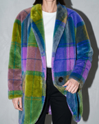 Women's Rainbow Plaid Button Coat with Pockets, bust-to-thigh, one hand at hem, worn by model