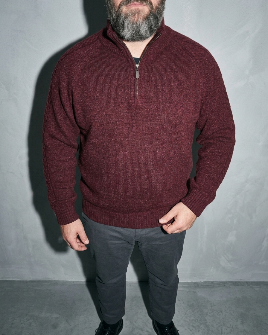 Zipper High Neck Thickened Woolen Sweater, bust-to-thigh, one hand at hem, worn by model
