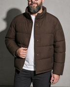 Coffee Color Cotton-padded Clothes Short Cotton Coat, bust-to-thigh, one hand at hem, worn by model